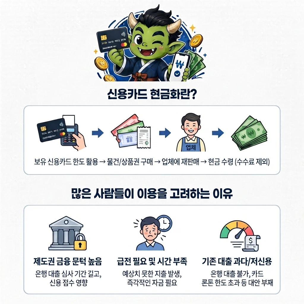 신용카드 현금화의 개념과 진행 과정 및 이용 이유를 설명하는 인포그래픽