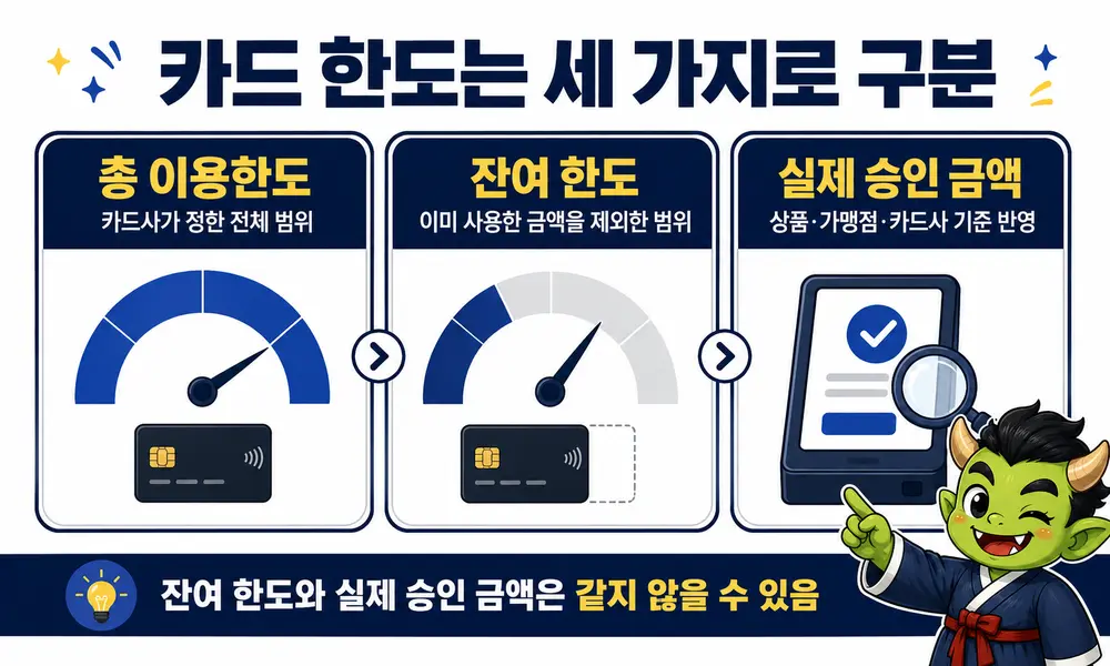 신용카드 총 이용한도와 잔여 한도 및 실제 승인 금액 차이