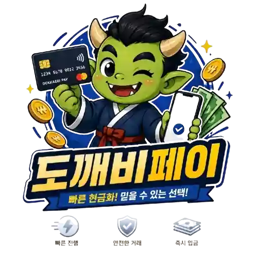 도깨비페이 신용카드 현금화 로고, 신용카드를 들고 있는 도깨비 캐릭터와 빠르고 안전한 금융 서비스 상징하는 브랜드 이미지