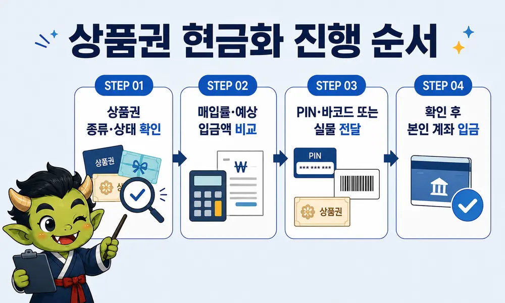 상품권 종류와 상태 확인부터 매입률 비교, 상품권 전달, 본인 계좌 입금까지의 진행 순서