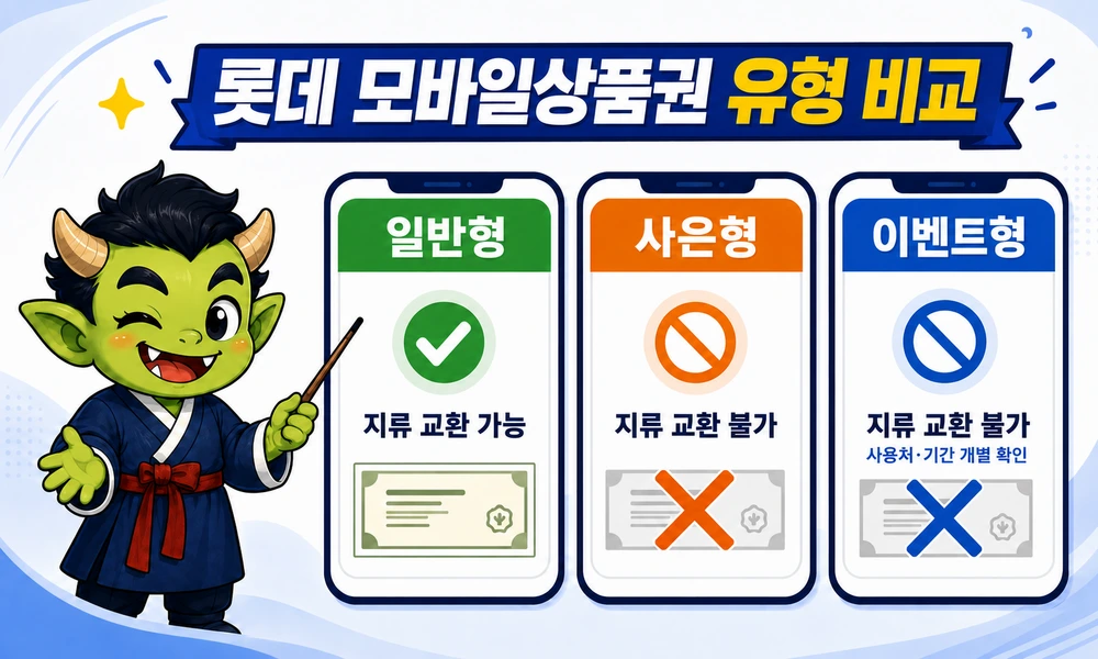 일반형은 지류 교환 가능, 사은형·이벤트형은 불가한 롯데 모바일상품권 비교