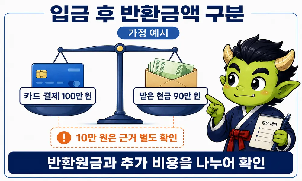카드 결제금액 100만 원과 실제 입금액 90만 원을 반환원금과 추가 비용으로 구분한 가정 사례