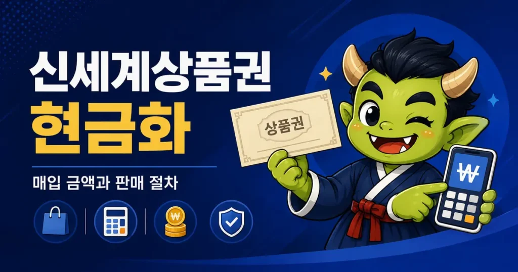 신세계상품권 현금화 매입 금액과 판매 절차를 안내하는 도깨비페이 캐릭터