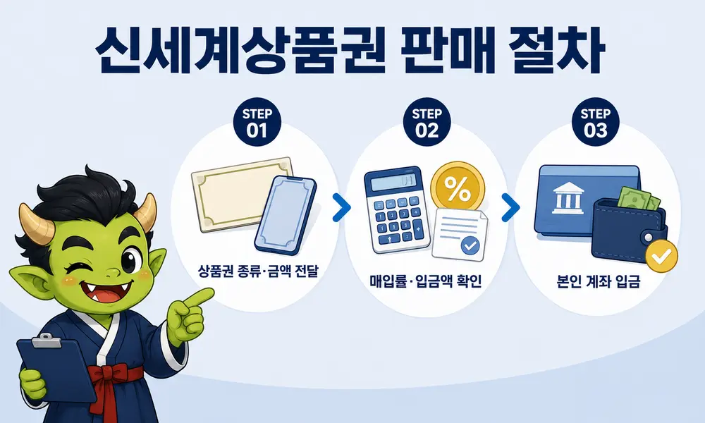 신세계상품권 종류와 금액 전달, 매입률 확인, 본인 계좌 입금의 3단계 판매 절차