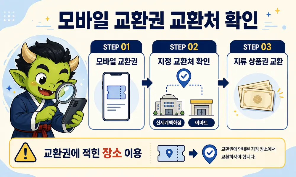 신세계 모바일 교환권의 지정 교환처 확인과 지류 상품권 교환 과정