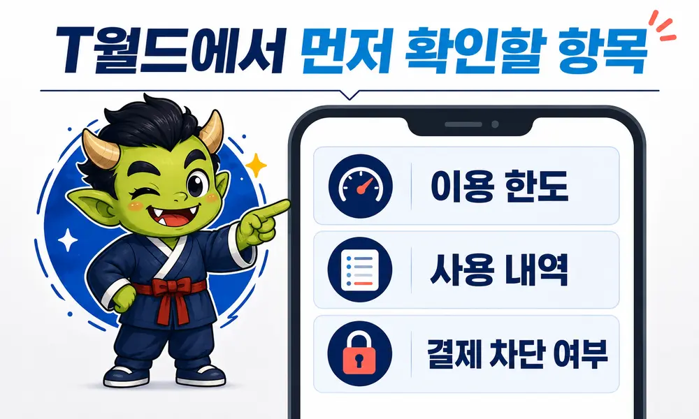 T월드에서 소액결제 이용 한도와 사용 내역 및 결제 차단 여부를 확인하는 항목