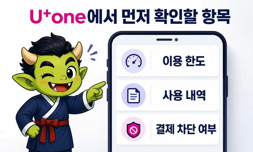 U+one 앱에서 소액결제 이용 한도와 사용 내역 및 결제 차단 여부를 확인하는 항목